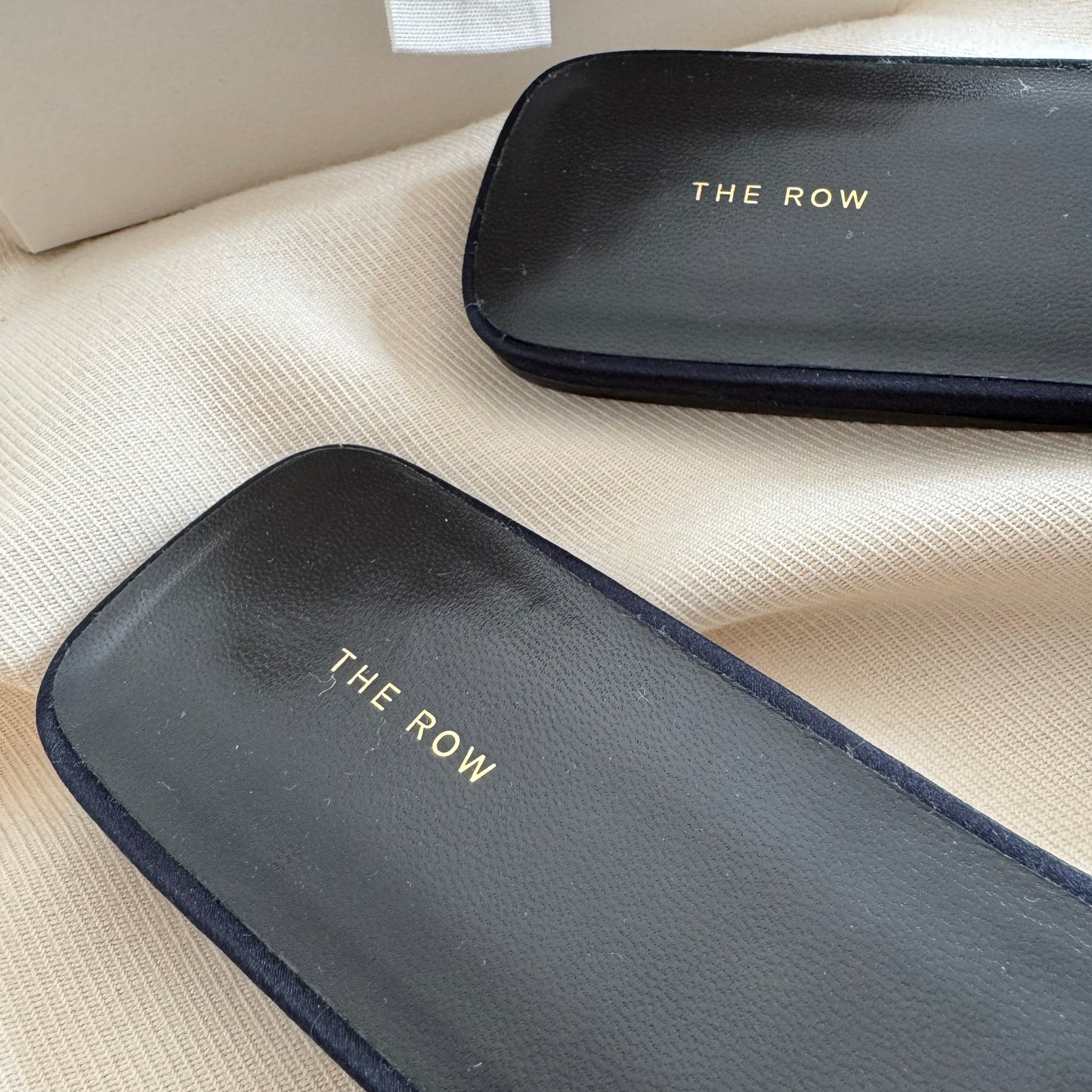 The Row "Milla" Satin Slides in Navy, size 39.5