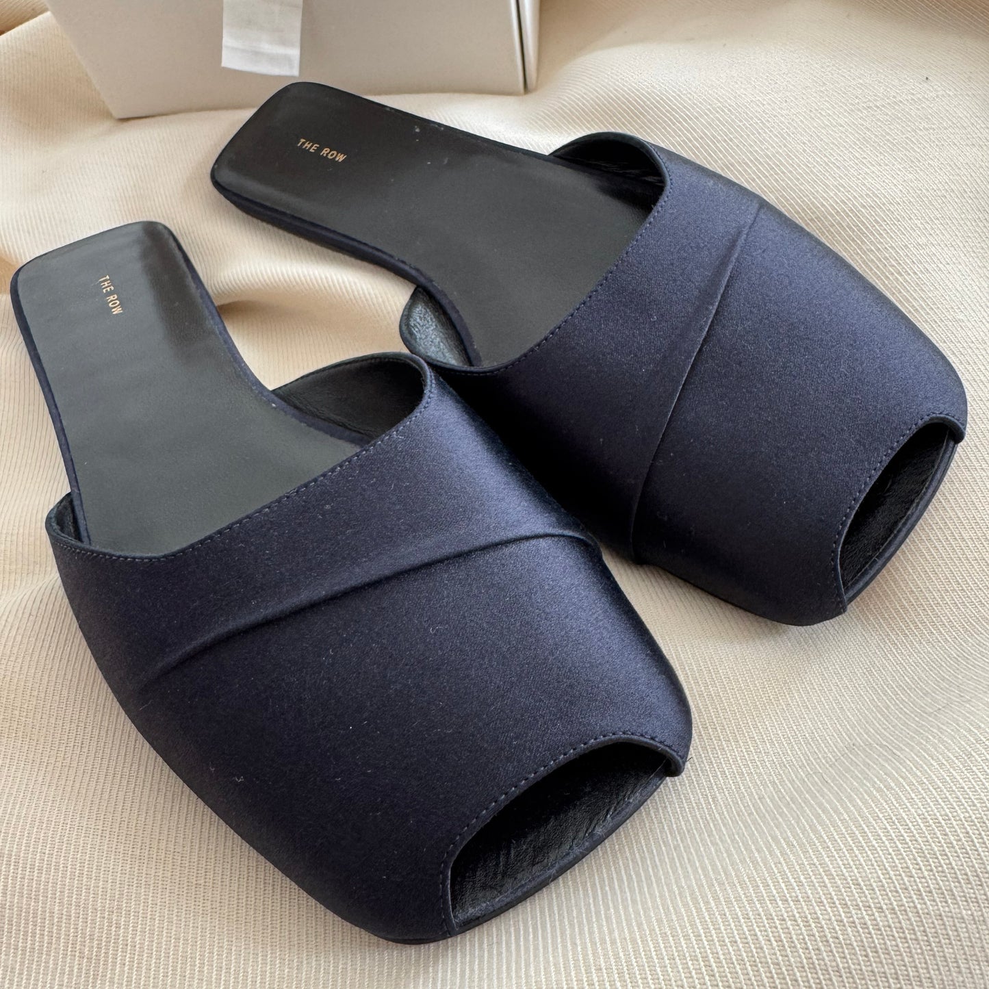 The Row "Milla" Satin Slides in Navy, size 39.5