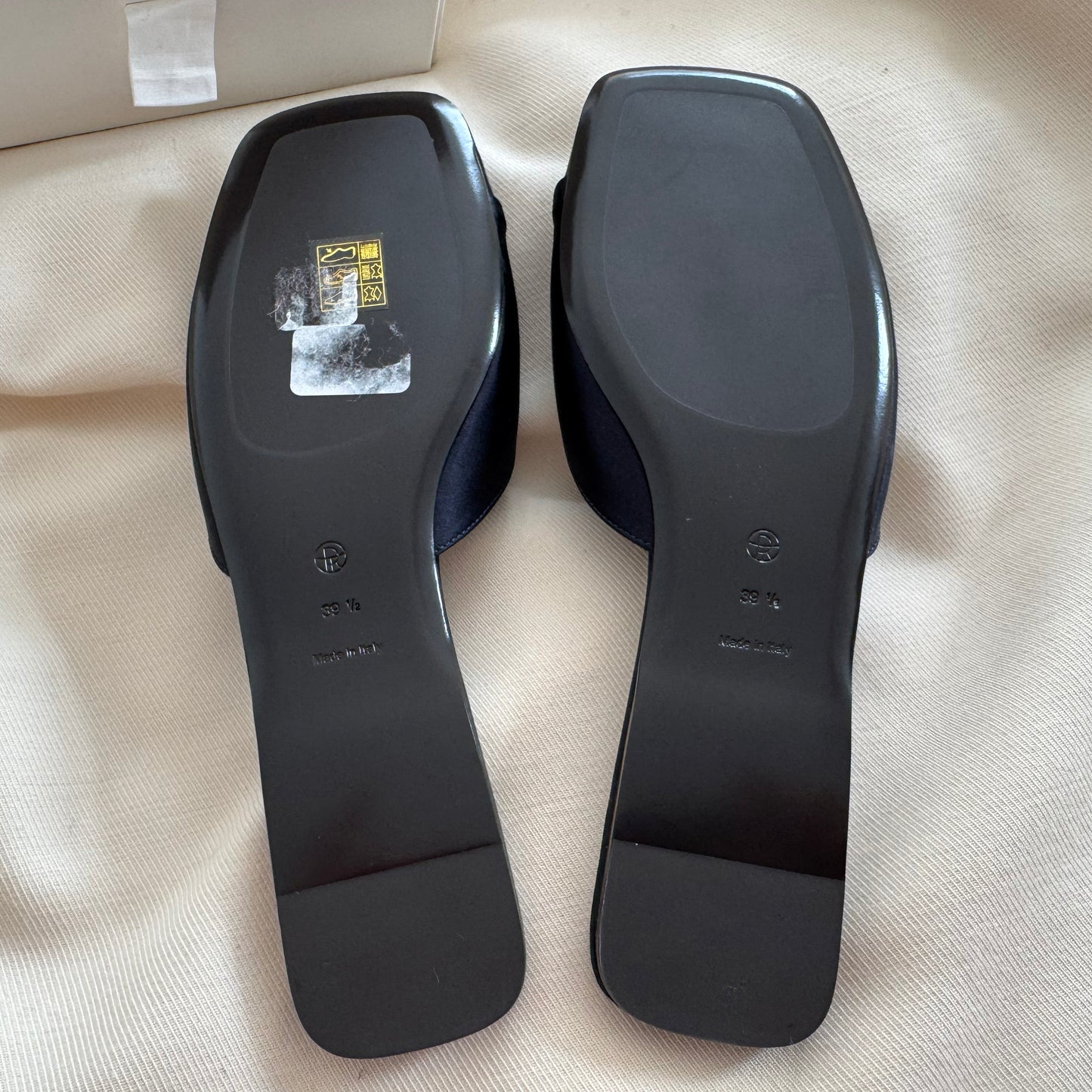 The Row "Milla" Satin Slides in Navy, size 39.5