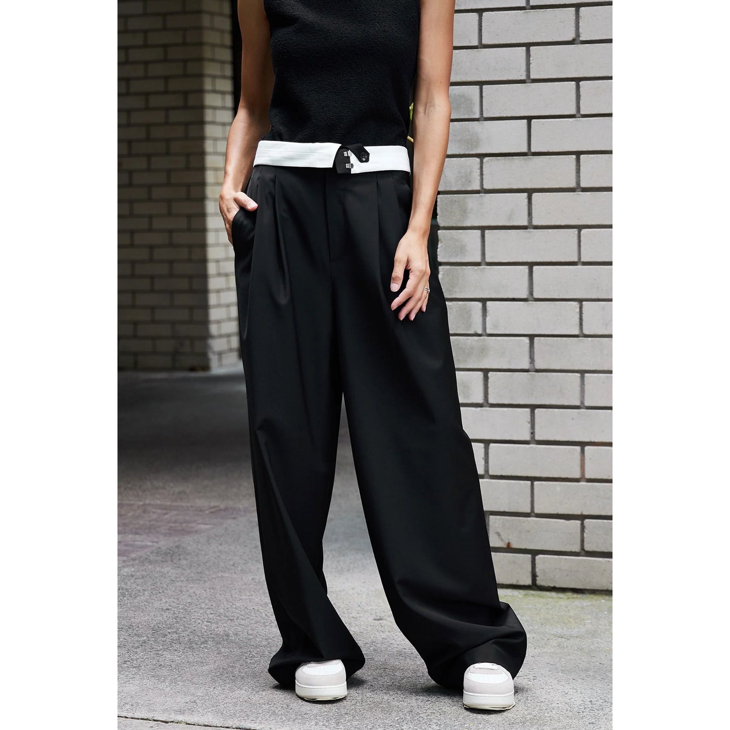 Tibi Foldover Waistband Pants in Black, size 14