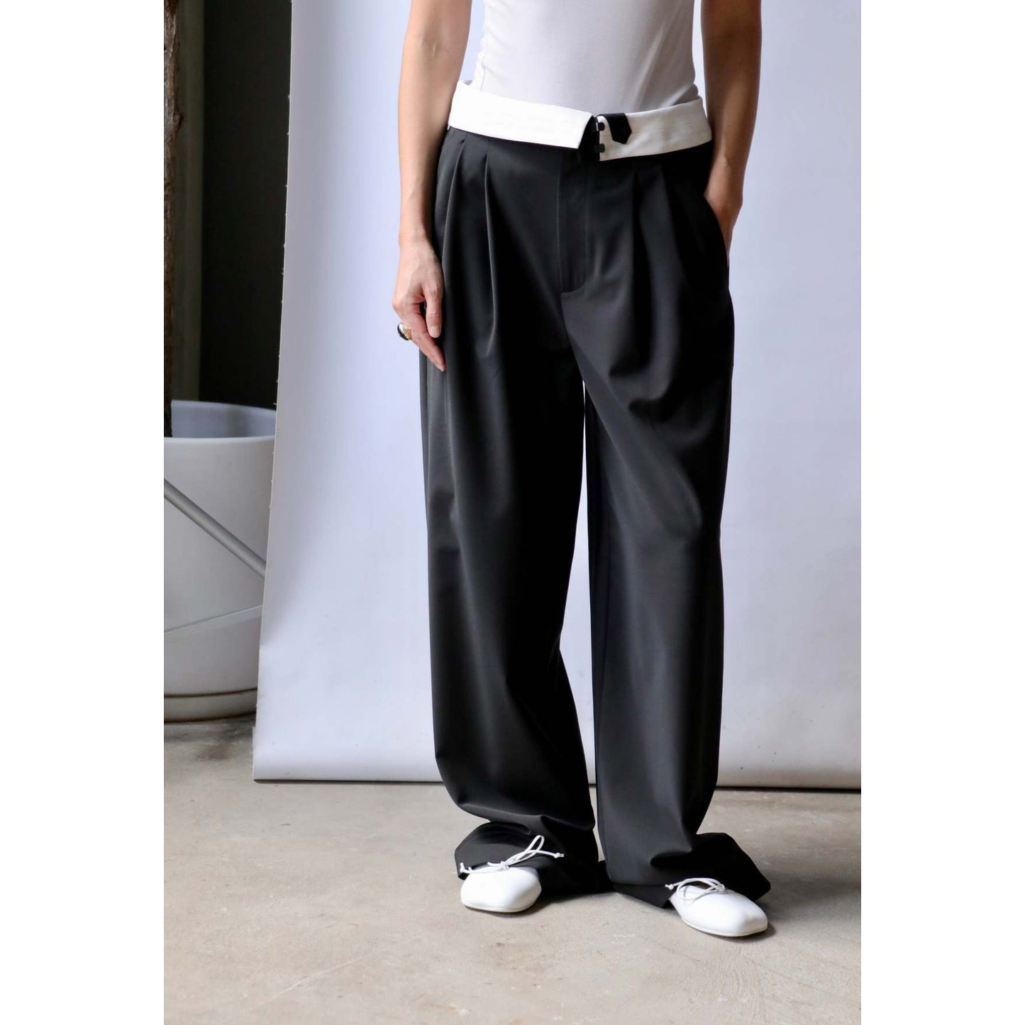 Tibi Foldover Waistband Pants in Black, size 14