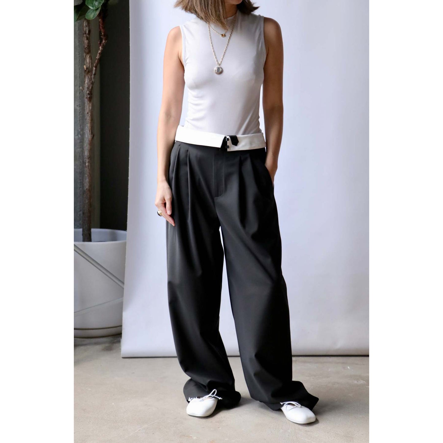 Tibi Foldover Waistband Pants in Black, size 14