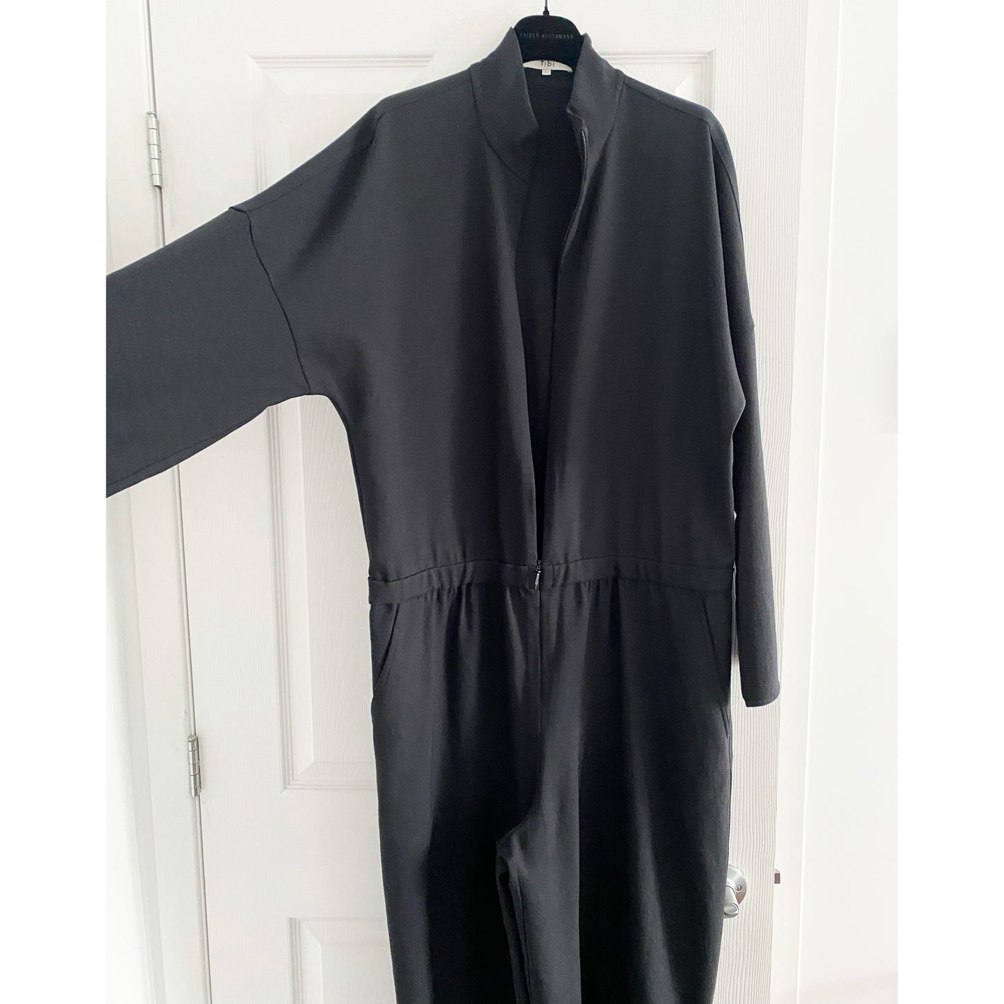 Tibi Chalky Drape Zip Up Jumpsuit in Black, size Large