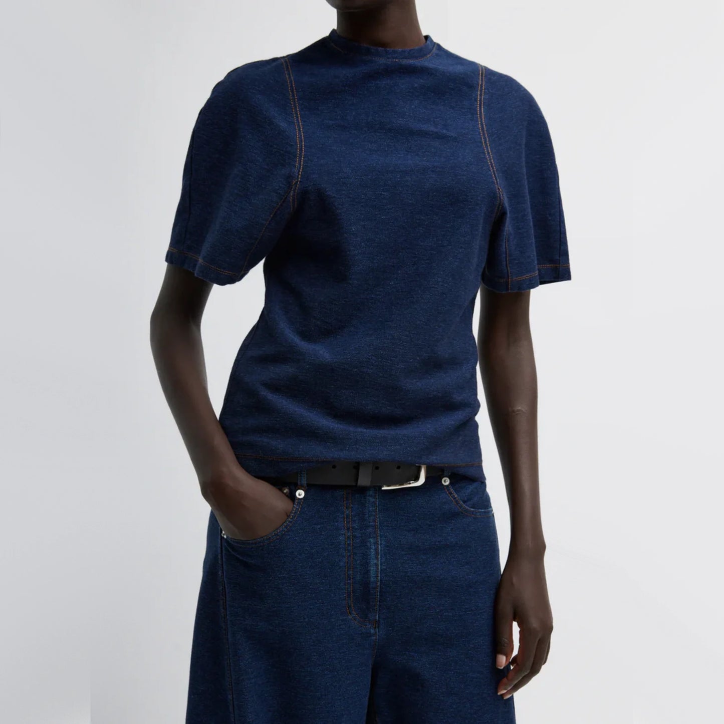 Tibi Indigo Barre Denim Knit Sculpted Shrunken T-Shirt, Size XL