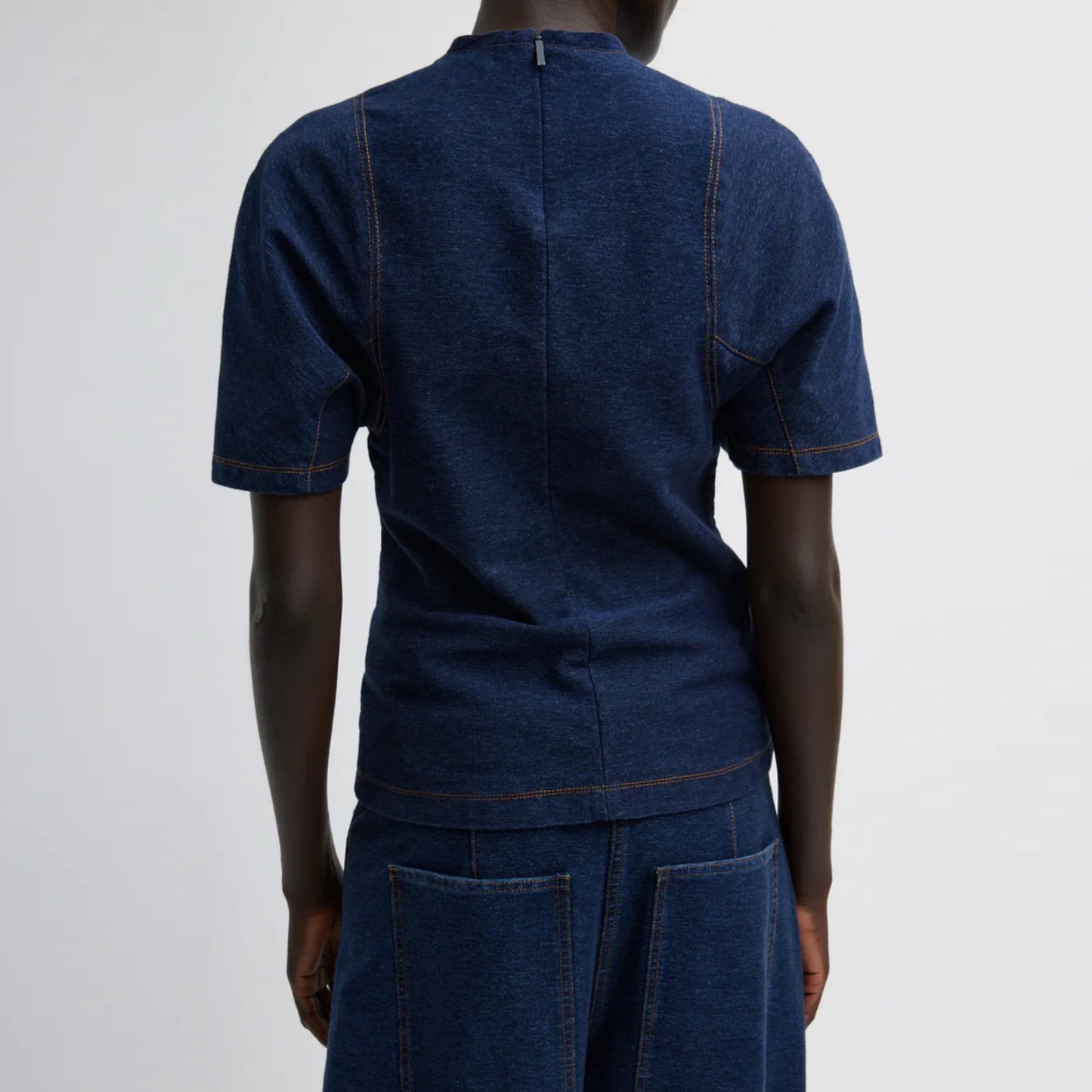 Tibi Indigo Barre Denim Knit Sculpted Shrunken T-Shirt, Size XL