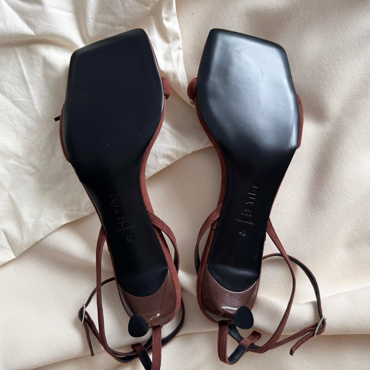 Tibi "Cameron" Suede Sandal in Brown, size 42