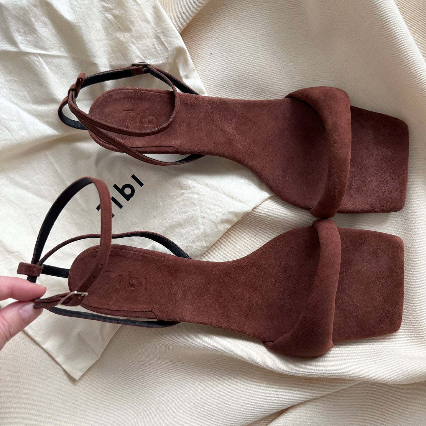 Tibi "Cameron" Suede Sandal in Brown, size 42