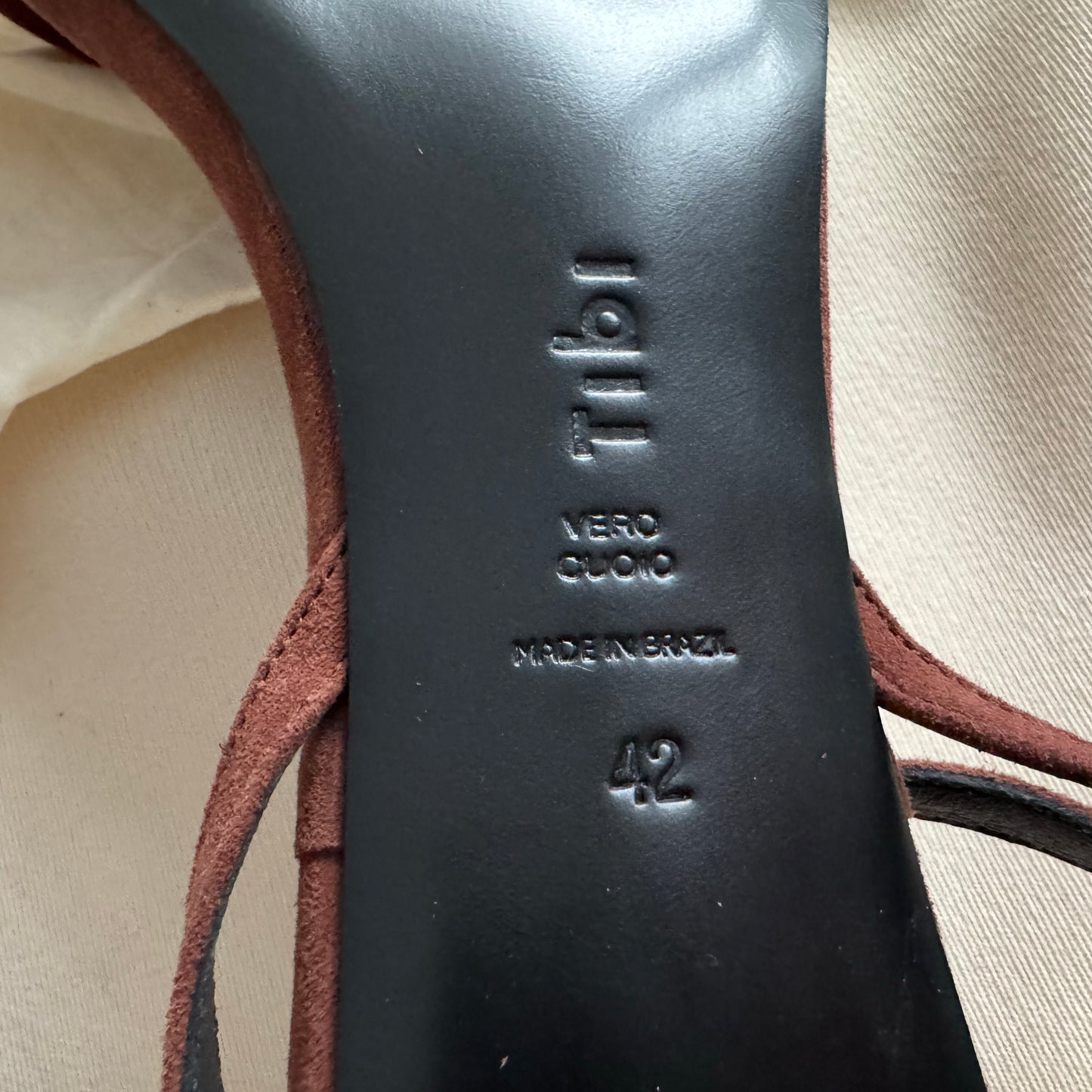 Tibi "Cameron" Suede Sandal in Brown, size 42