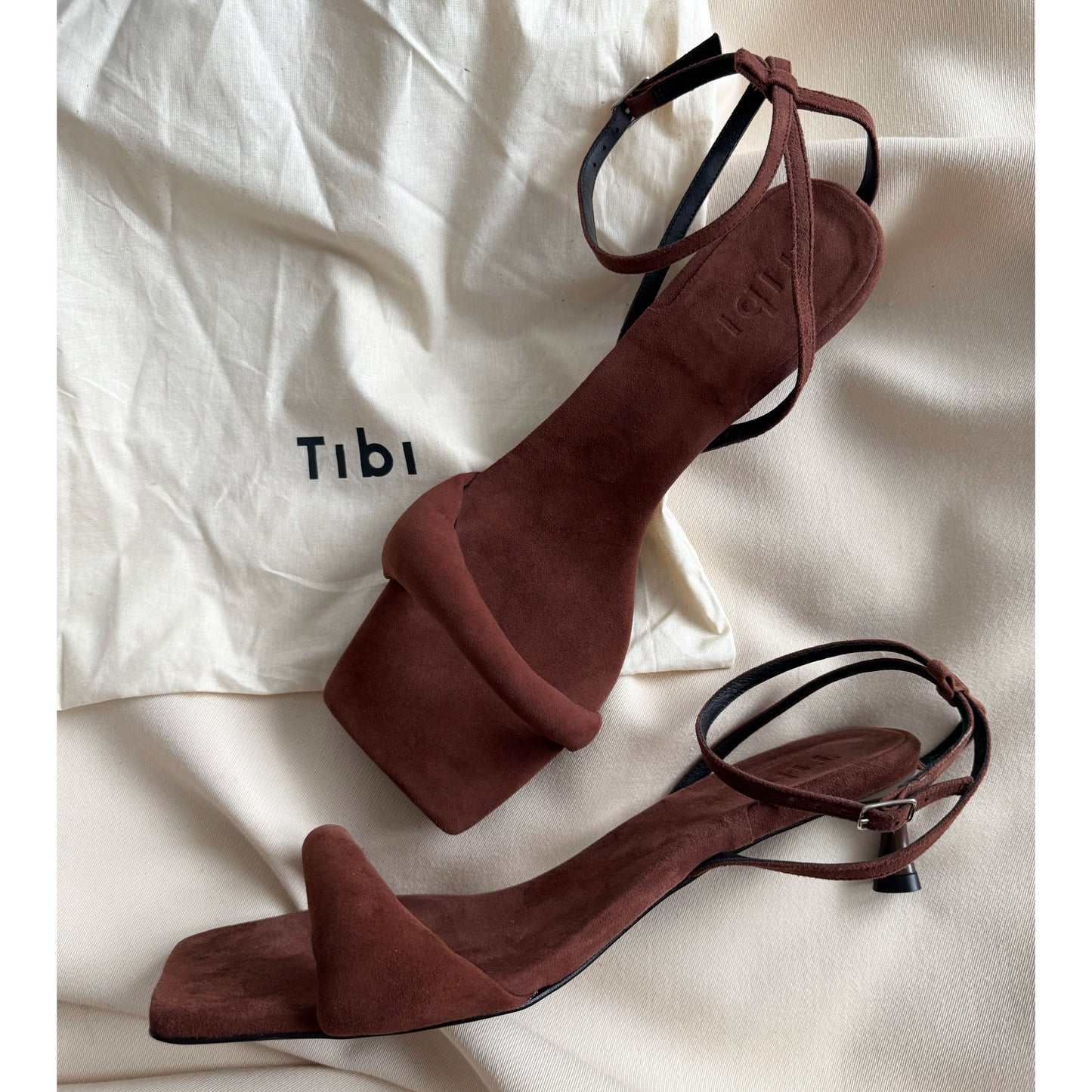 Tibi "Cameron" Suede Sandal in Brown, size 42