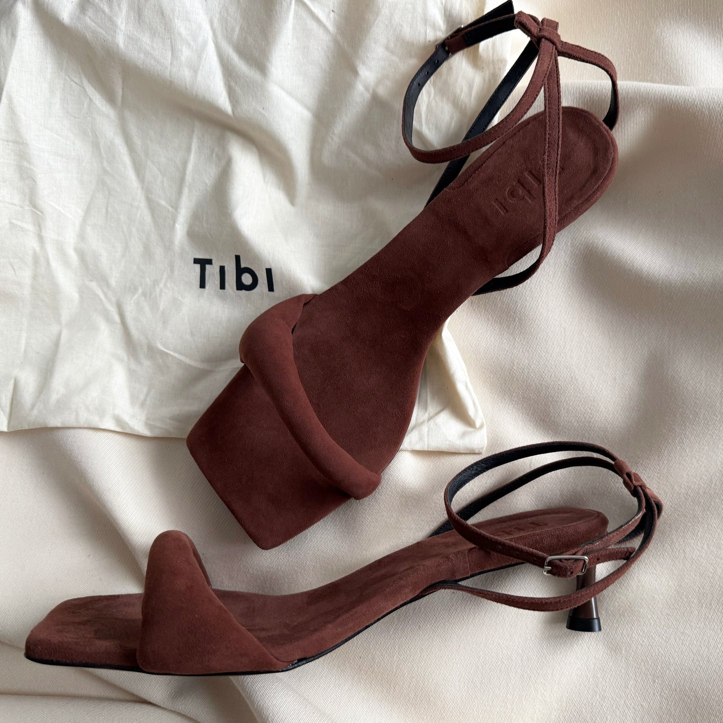 Tibi "Cameron" Suede Sandal in Brown, size 42