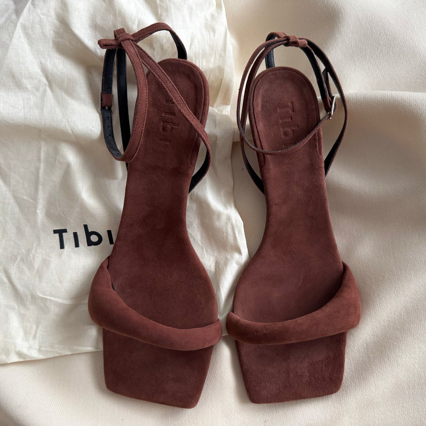 Tibi "Cameron" Suede Sandal in Brown, size 42