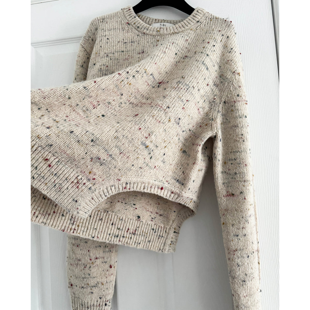 Tibi Confetti Shrunken Crewneck Pullover in "Cream Multi", size Large