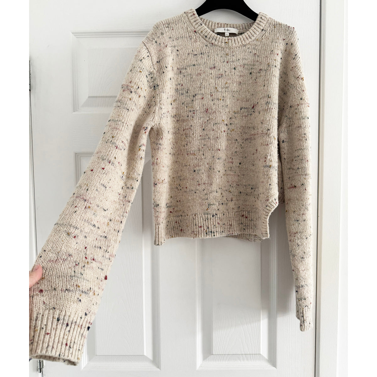 Tibi Confetti Shrunken Crewneck Pullover in "Cream Multi", size Large