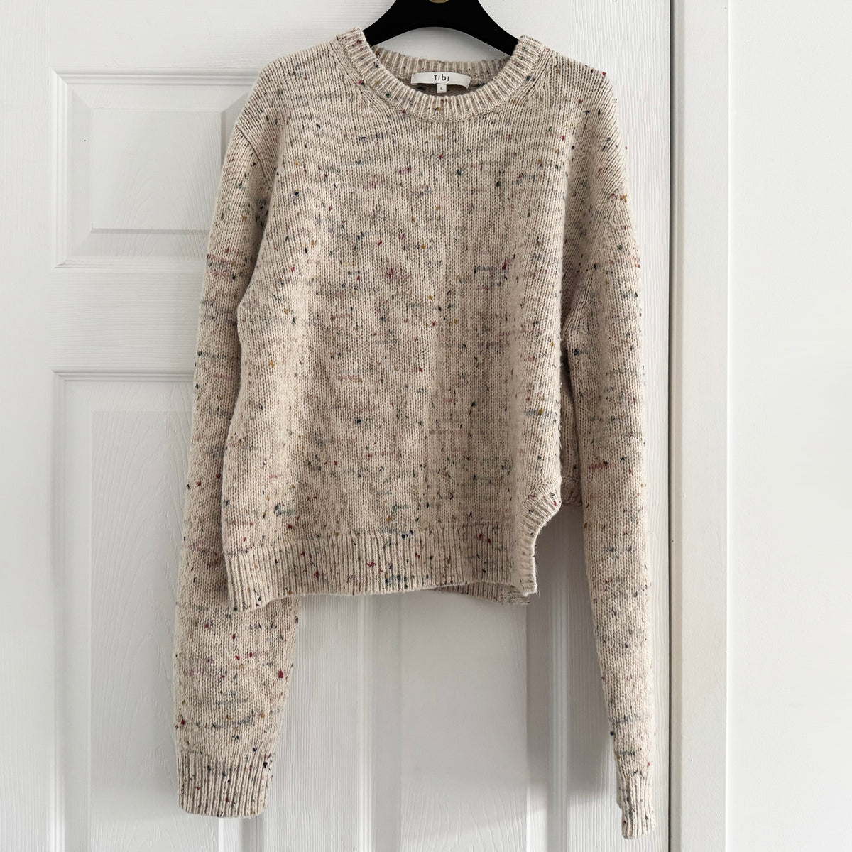 Tibi Confetti Shrunken Crewneck Pullover in "Cream Multi", size Large