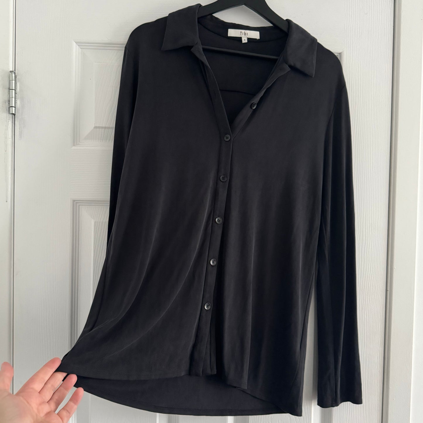 Tibi Deeba Cupro Slim Shirt in Black, size 8