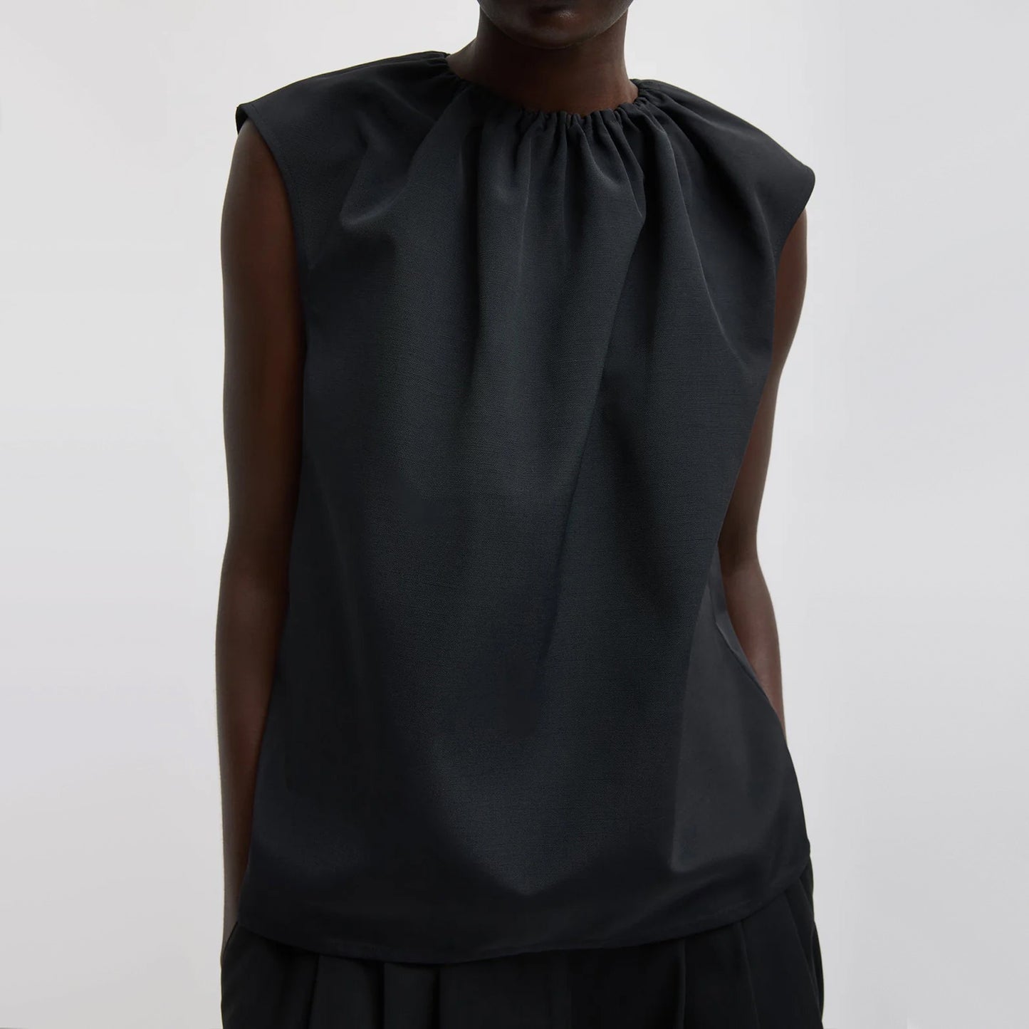 Tibi Nylon Shirred Neck Top in Black, size Medium