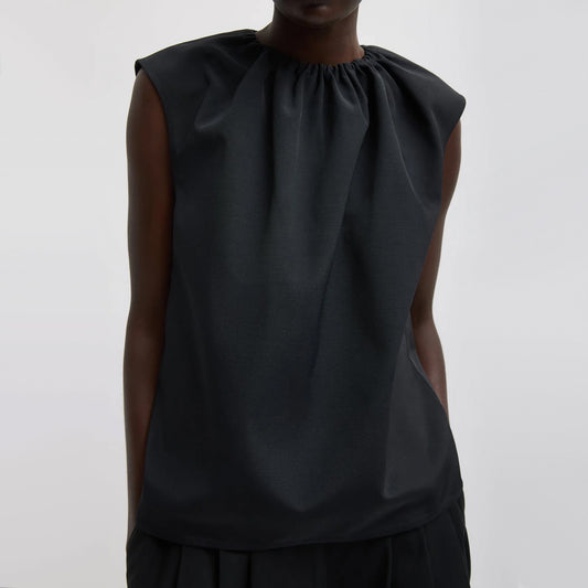 Tibi Nylon Shirred Neck Top in Black, size Medium