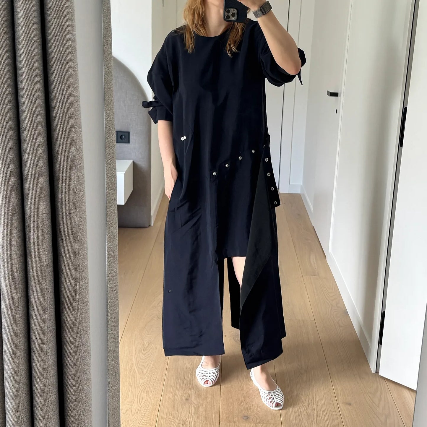 Tibi Viscose Plainweave Asymmetric Flap Snap Dress in Navy, size 12
