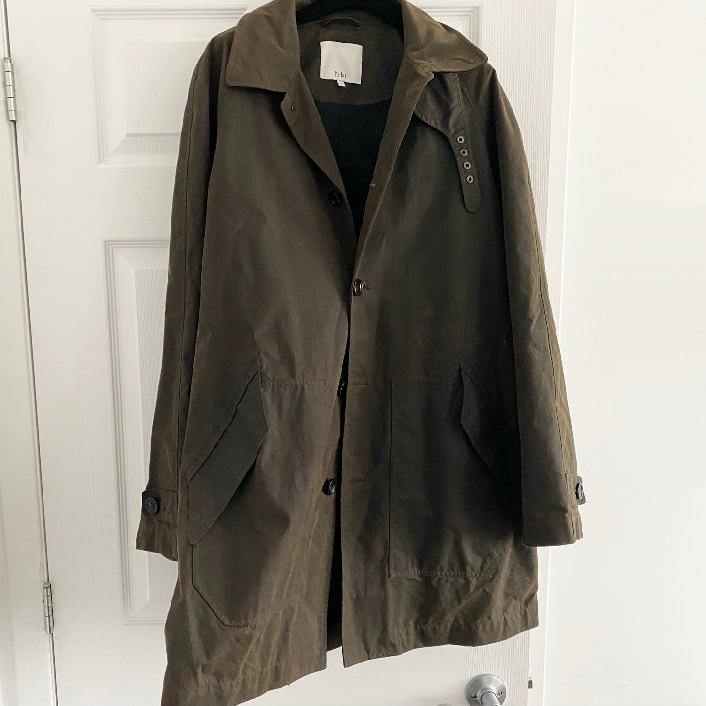 Tibi Waxed Cotton Car Coat in Olive, Size Small (fits S/M)