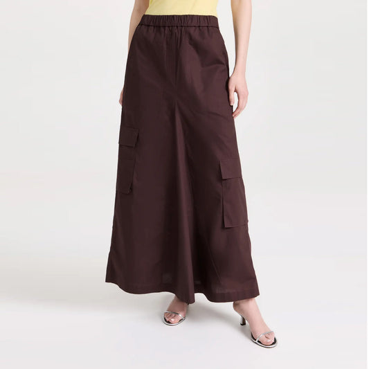 Tibi Vintage Cotton Pull On Cargo Godet Skirt in Brown, size 14