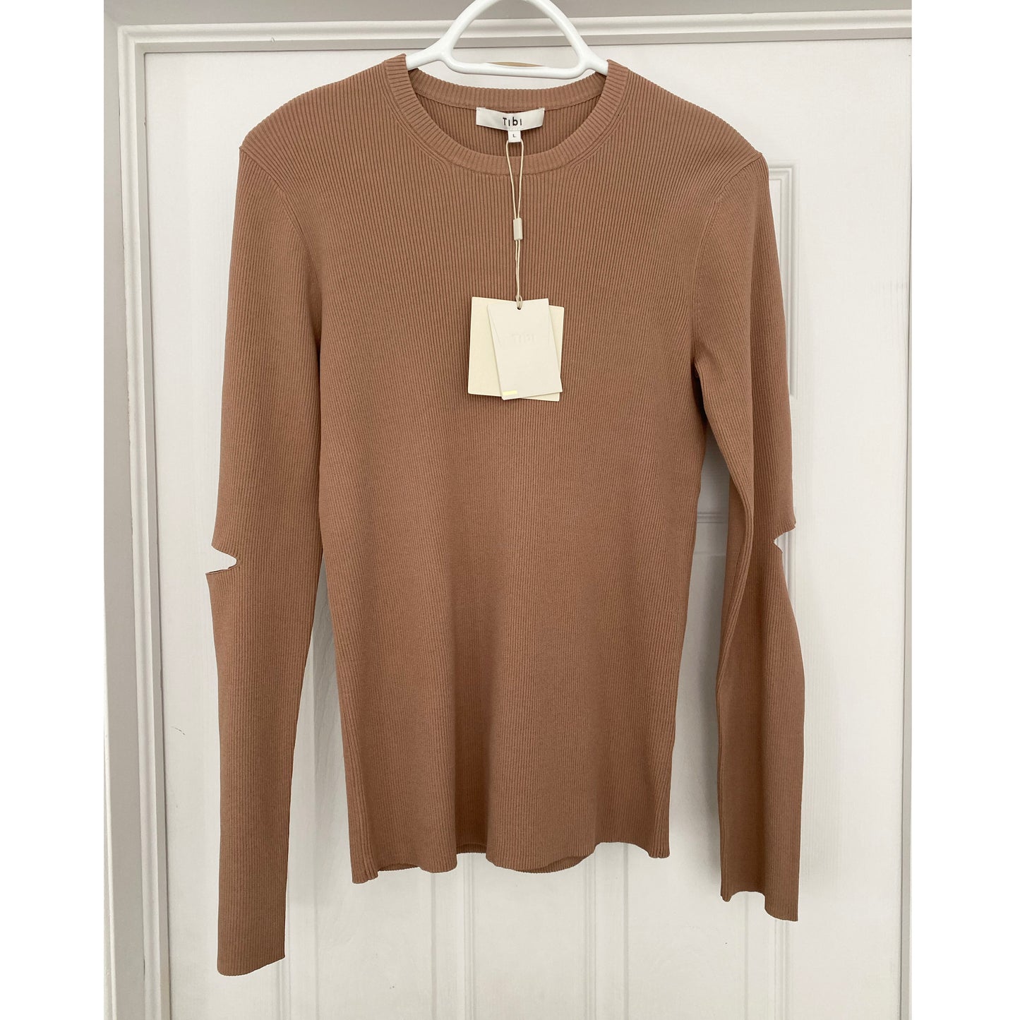 Tibi "Giselle" Slash Sleeve Top in Sand Brown, size Large