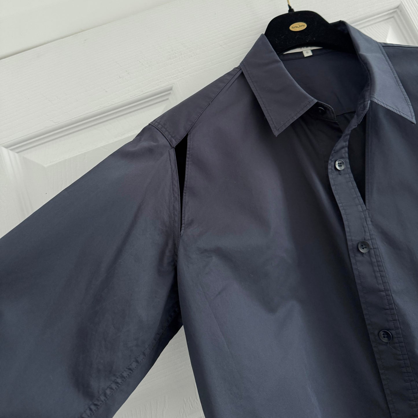 Tibi "Charlie" Eco Poplin Cut Out Shirt in Navy, Size Small