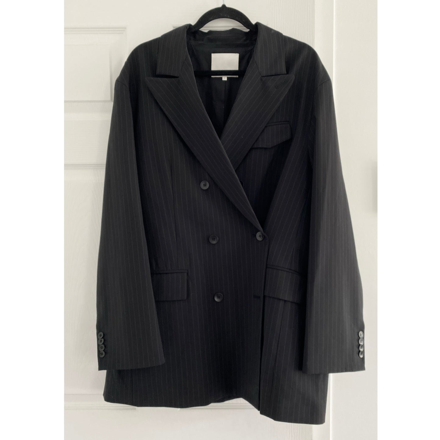 Tibi Pinstripe Double Breasted Blazer in Black, size Large