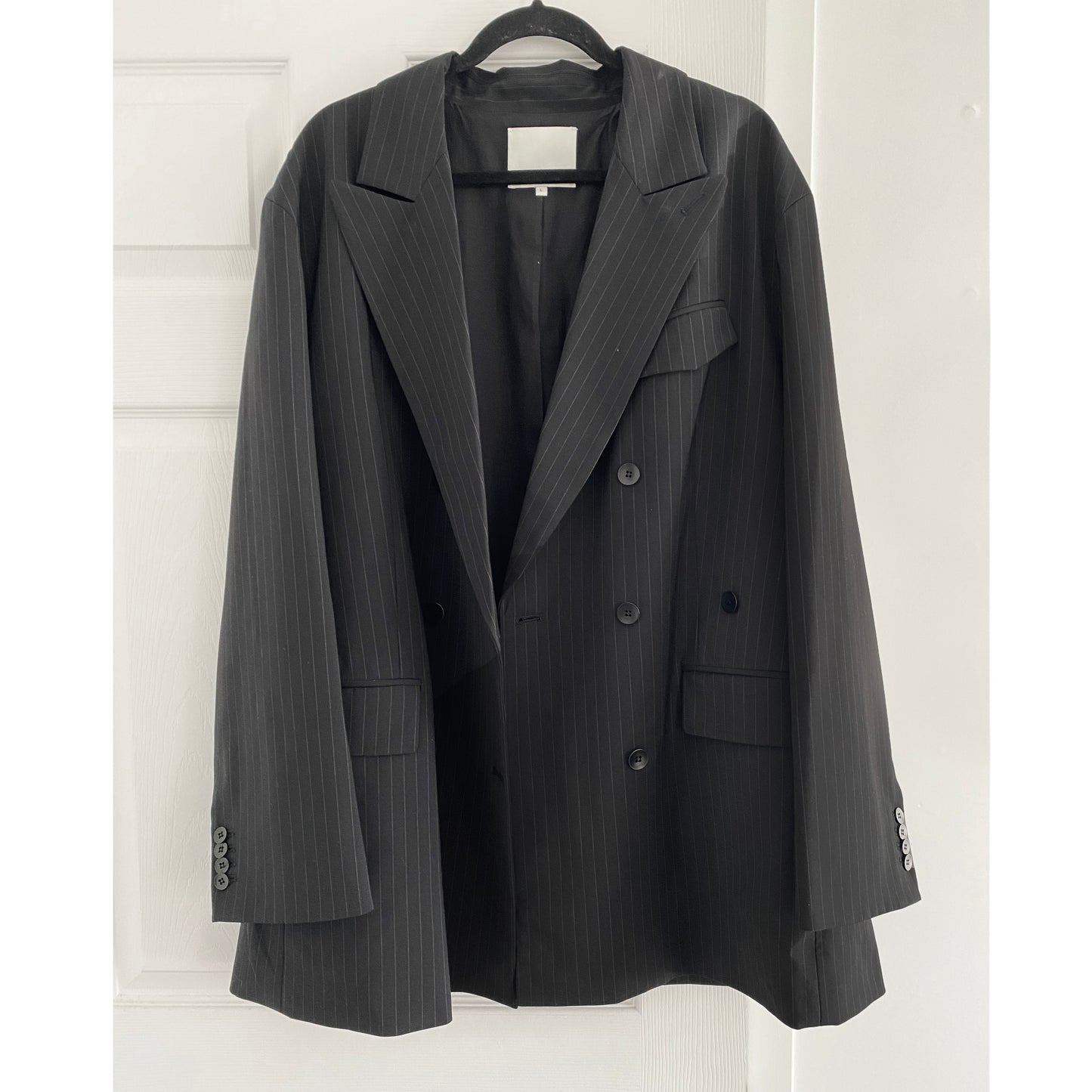 Tibi Pinstripe Double Breasted Blazer in Black, size Large