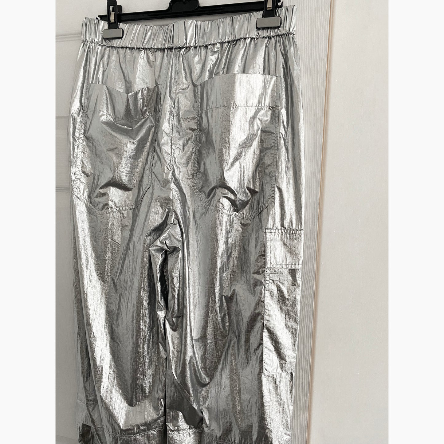 Tibi Silver Metallic Nylon Pull On Wilt Jogger, size Large