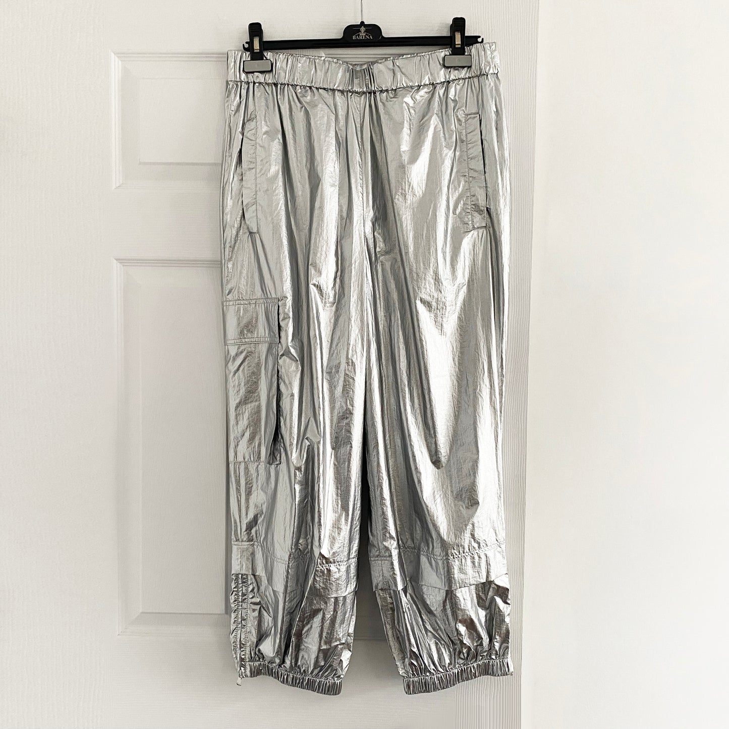 Tibi Silver Metallic Nylon Pull On Wilt Jogger, size Large