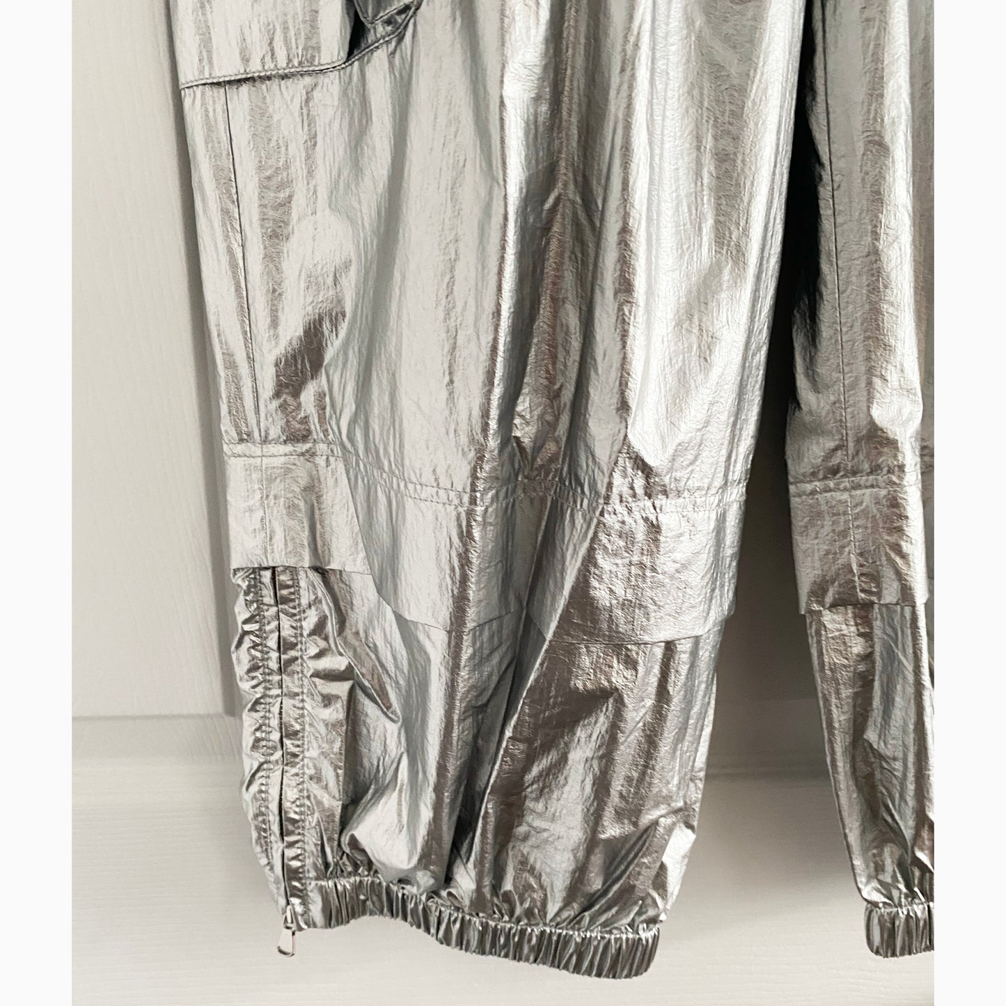 Tibi Silver Metallic Nylon Pull On Wilt Jogger, size Large