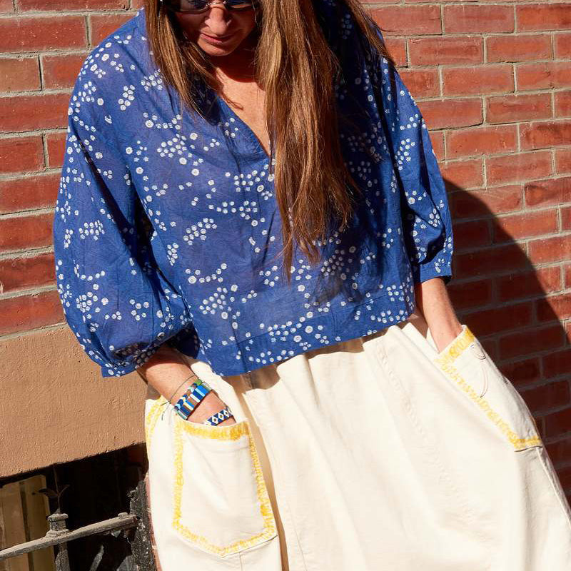 Apiece Apart "Topa" Printed Cotton Blouse in Blue, Size Small