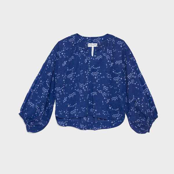 Apiece Apart "Topa" Printed Cotton Blouse in Blue, Size Small