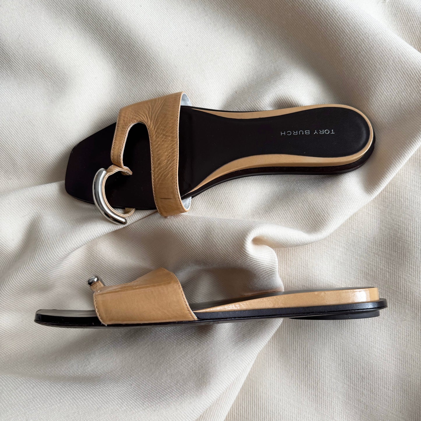 Tory Burch "Pierced" Slides in "Cantucci/Silver", size 7
