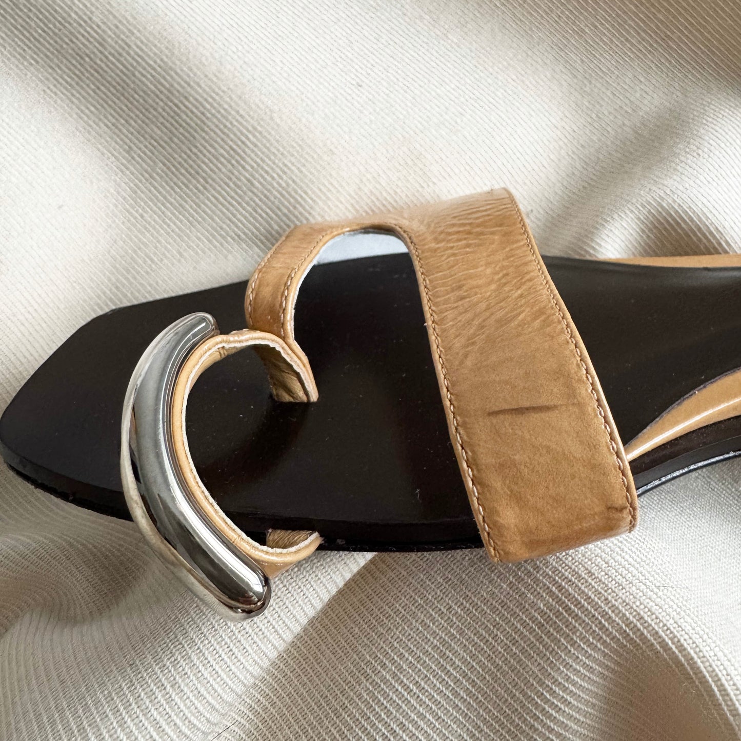 Tory Burch "Pierced" Slides in "Cantucci/Silver", size 7