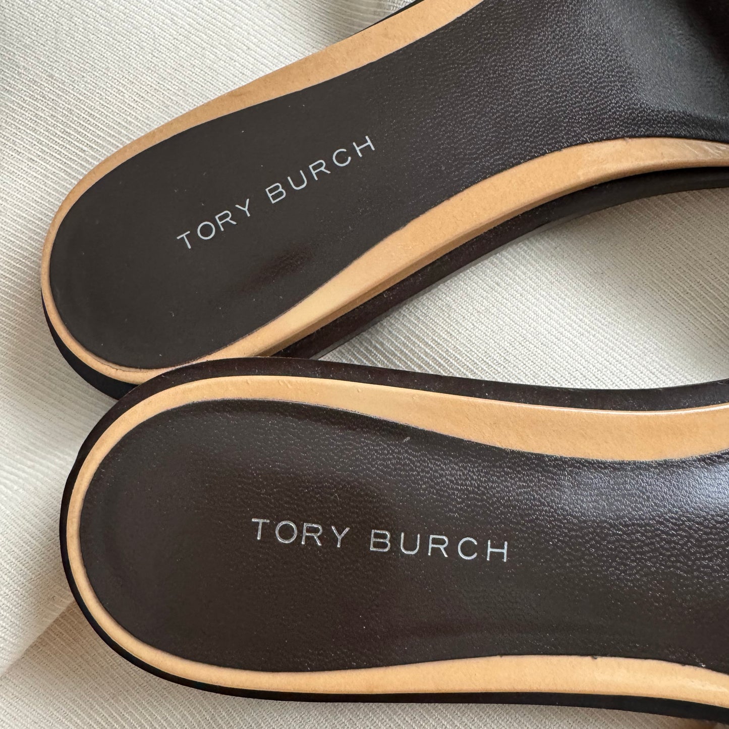 Tory Burch "Pierced" Slides in "Cantucci/Silver", size 7