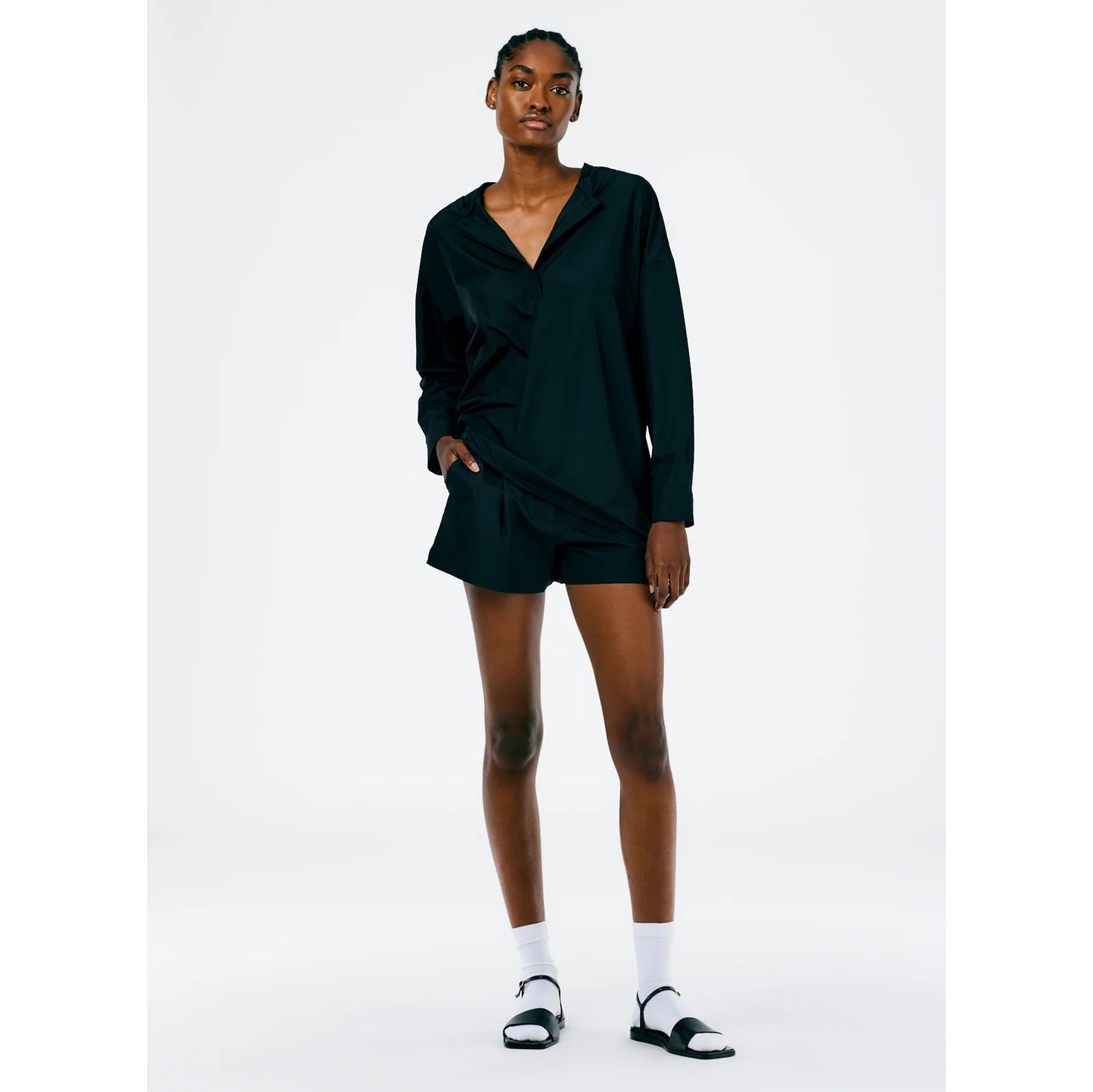 Tibi Italian Sporty Nylon Hoodie With Cocoon Back in Black, Size XL