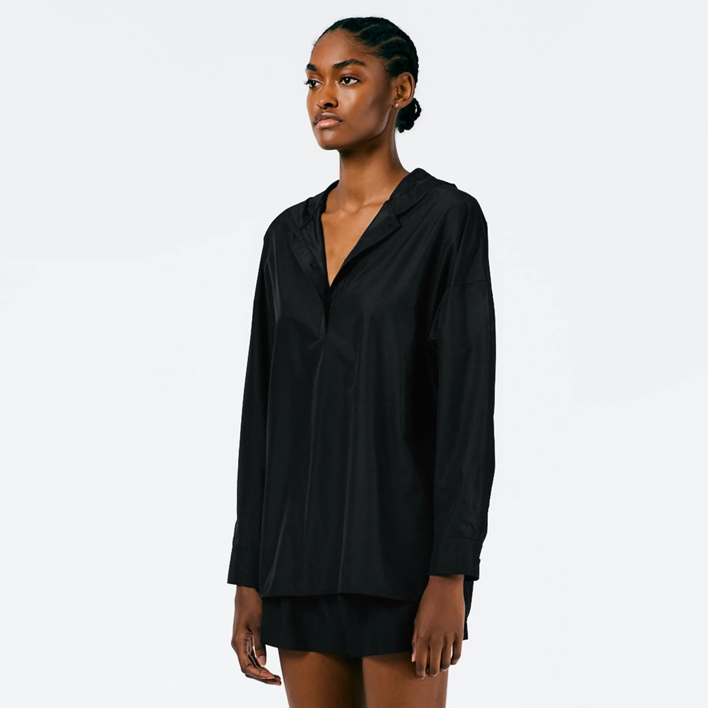 Tibi Italian Sporty Nylon Hoodie With Cocoon Back in Black, Size XL