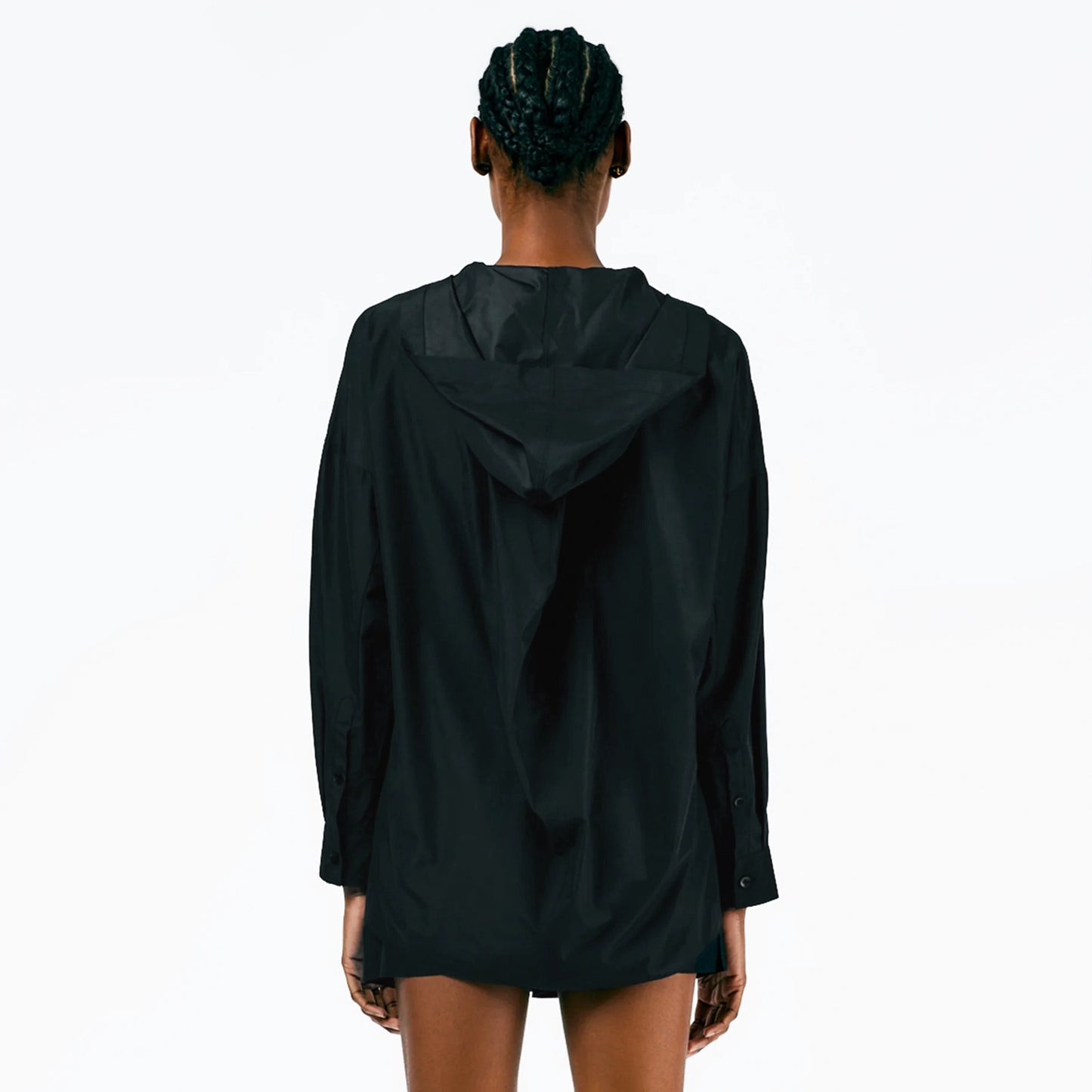 Tibi Italian Sporty Nylon Hoodie With Cocoon Back in Black, Size XL