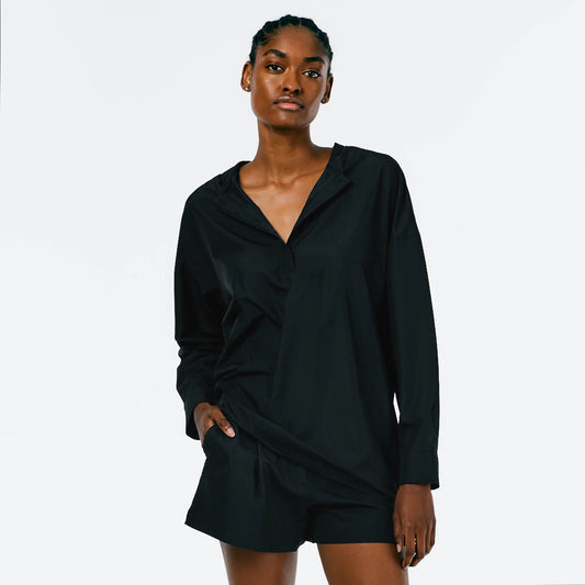 Tibi Italian Sporty Nylon Hoodie With Cocoon Back in Black, Size XL