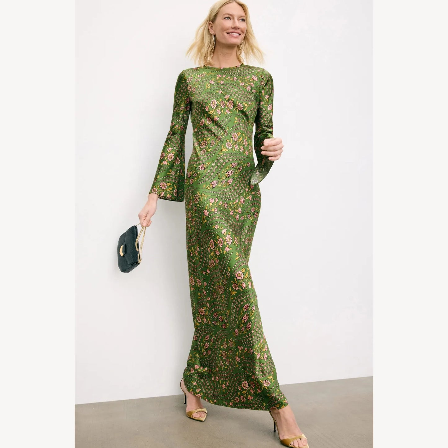 Veronica Beard "Gemma" Floral Silk Long Sleeve Dress in Green, size 6