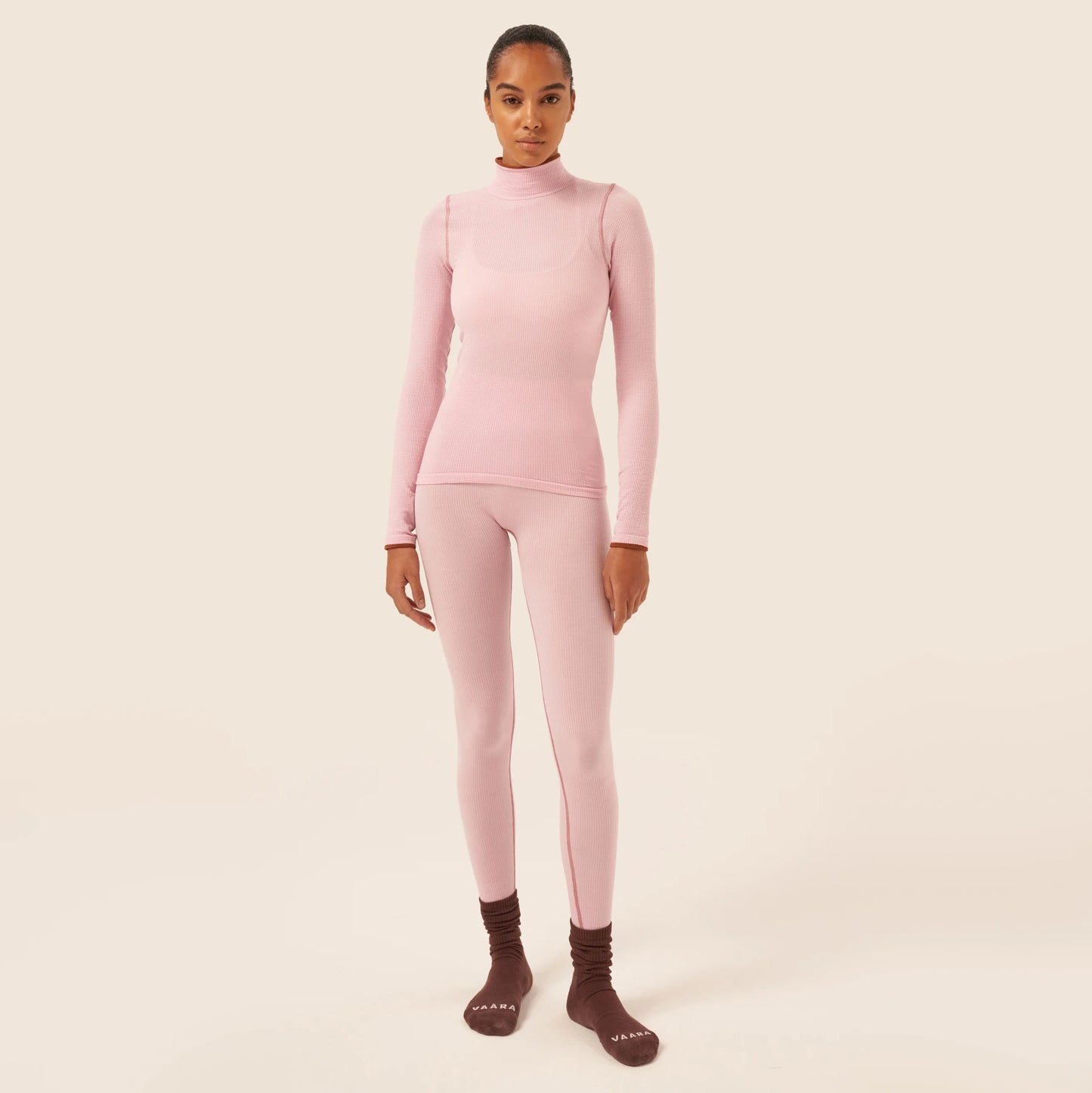 VAARA Pink Merino Base Layer Set in Pink, size Small Top, Medium Leggings