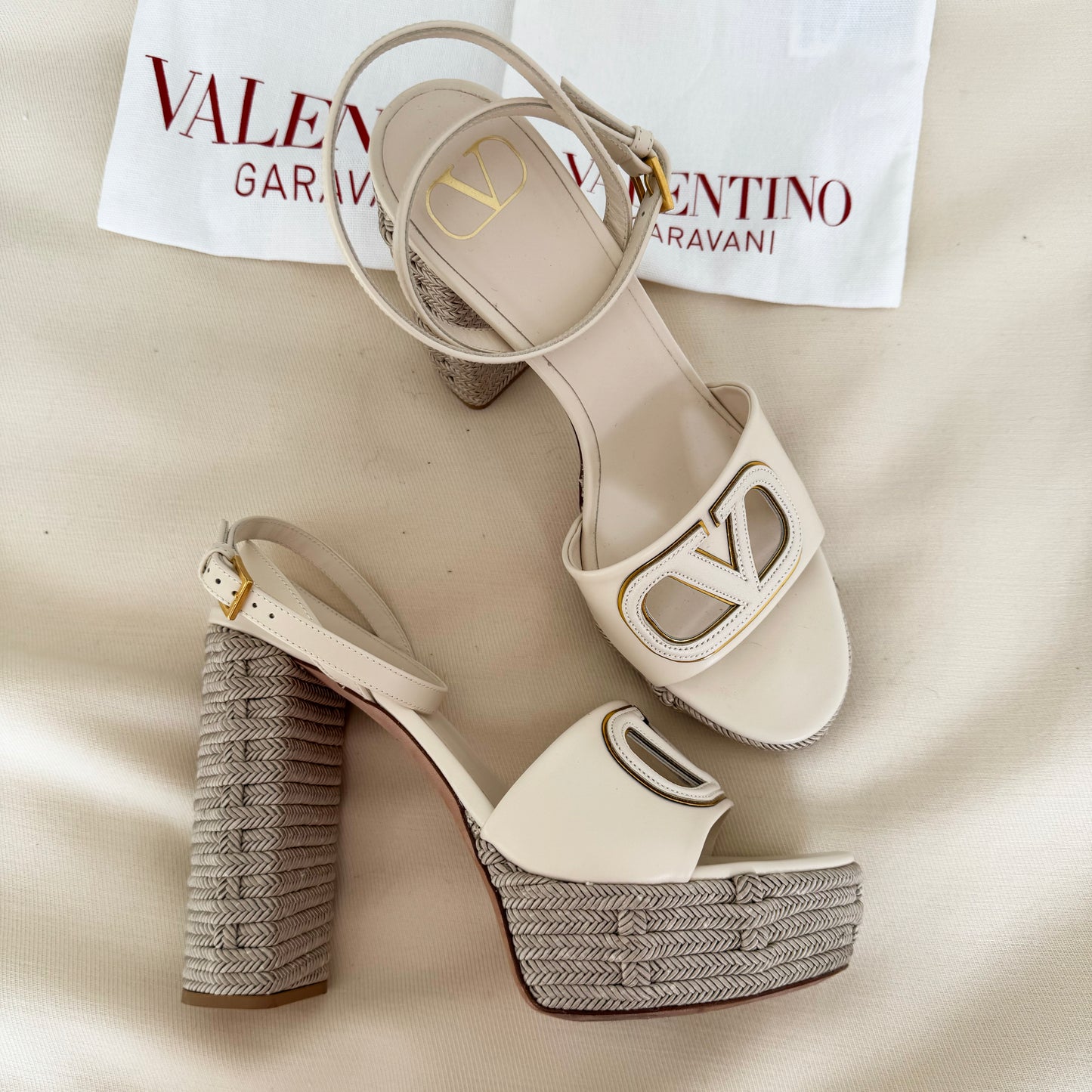 Valentino V-Logo Platform Sandals in Light Ivory/Antique Brass, size 39