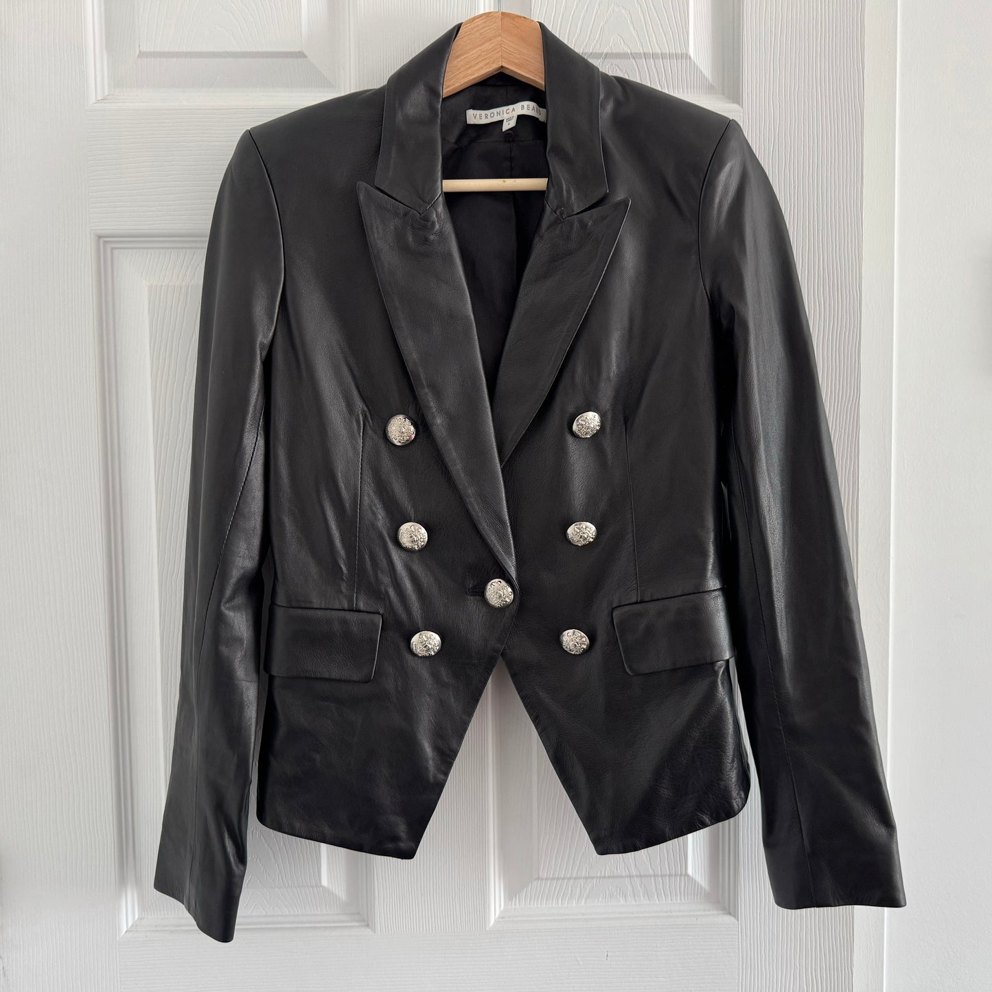 Veronica Beard Cooke Peak-Lapel Leather Jacket in Black, size 4