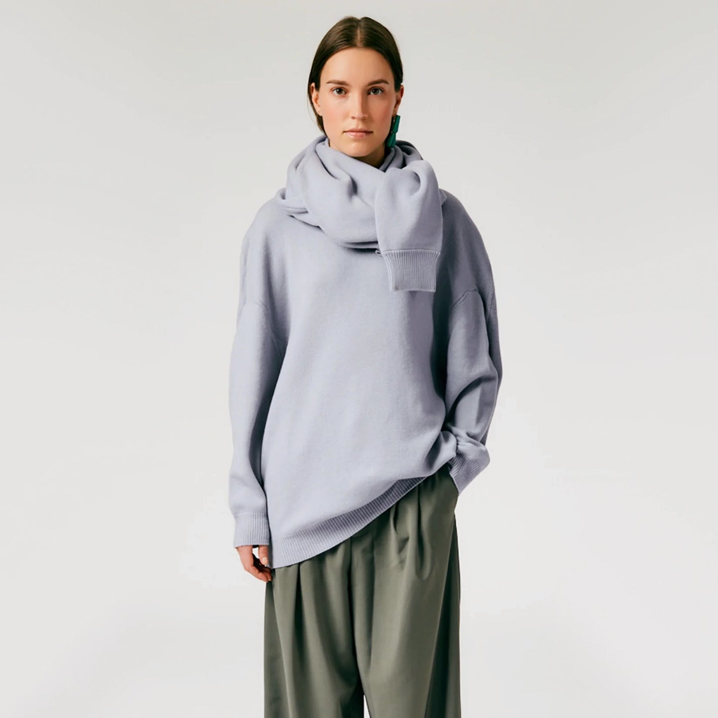 Tibi Airy Wool Circular Sweater and Scarf in Silver Grey, size L/XL