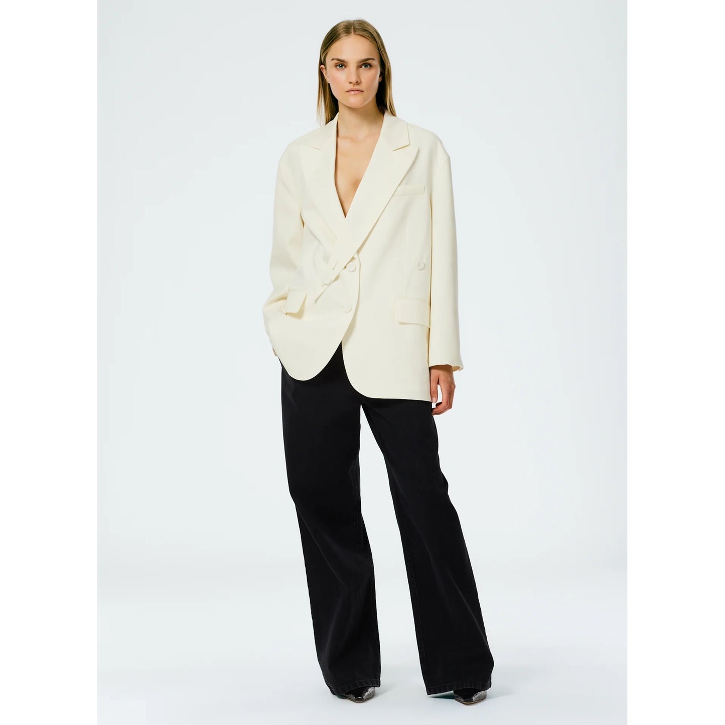 Tibi "Liam" Bond Wool Blazer w Detached Lapel in Ivory, size large