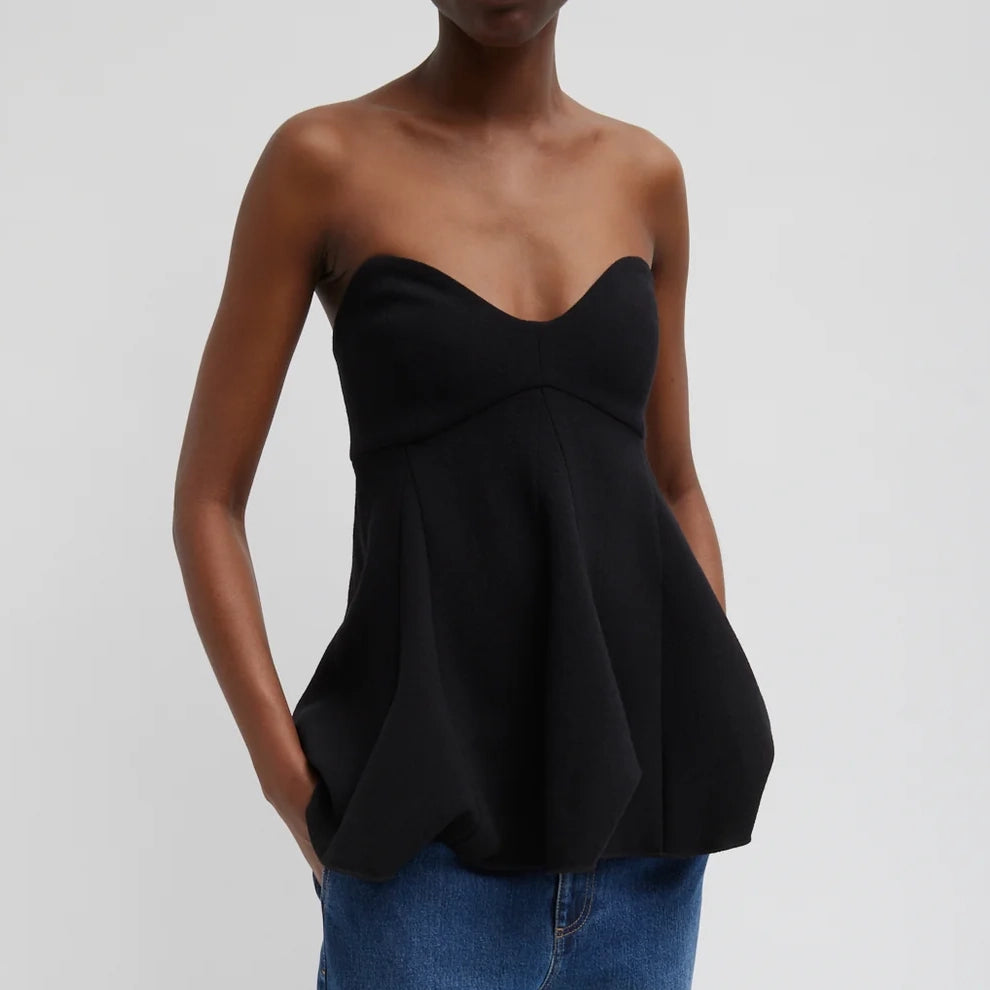 Tibi Melee Crepe Strapless Top in Black, size 6