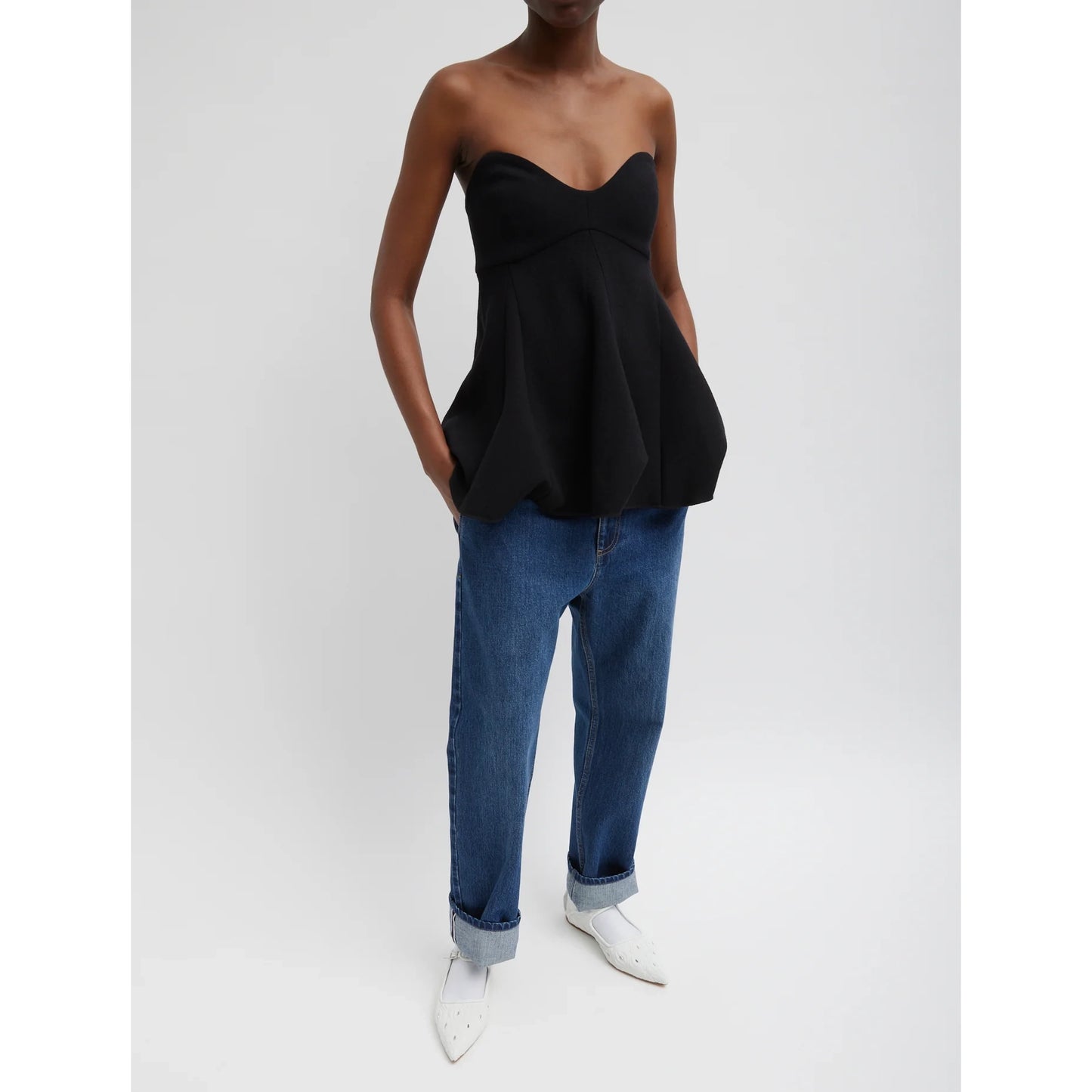 Tibi Melee Crepe Strapless Top in Black, size 6