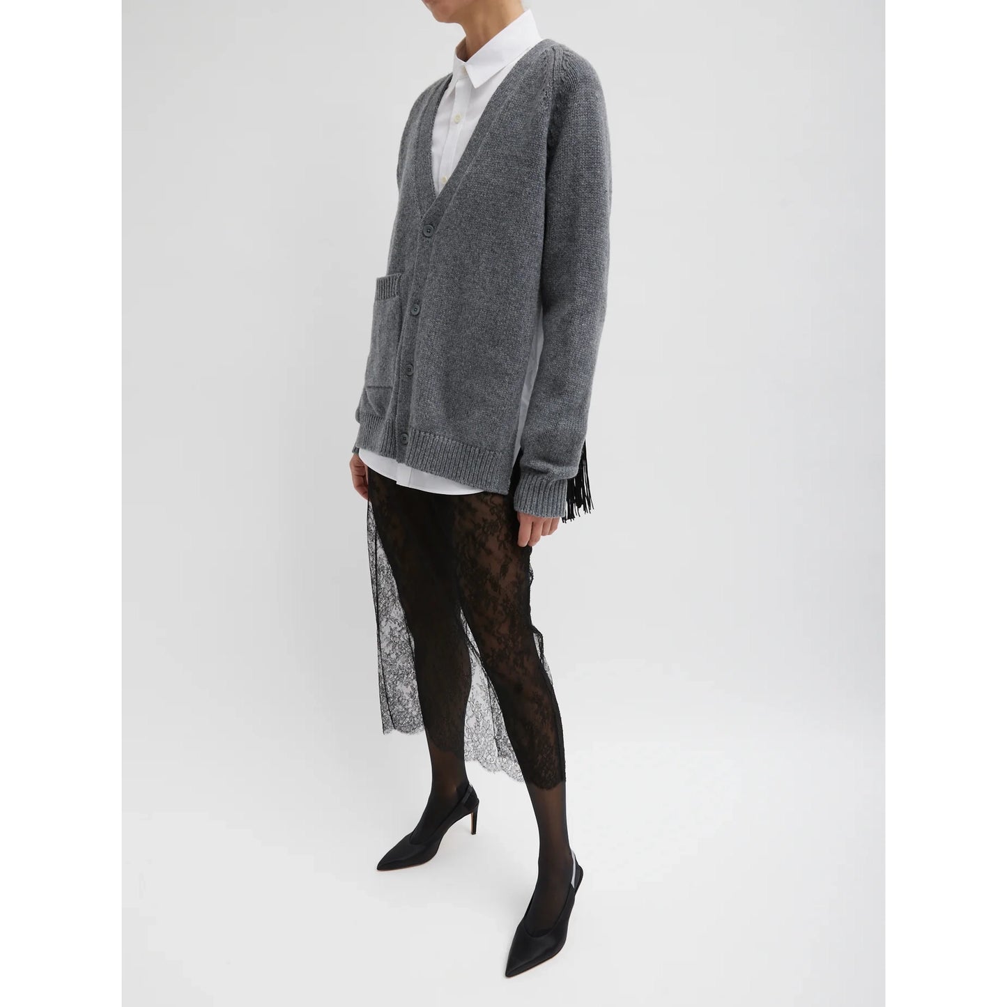 Tibi Soft Sweater Fringed Half Cardigan in Grey/Black, size S/M