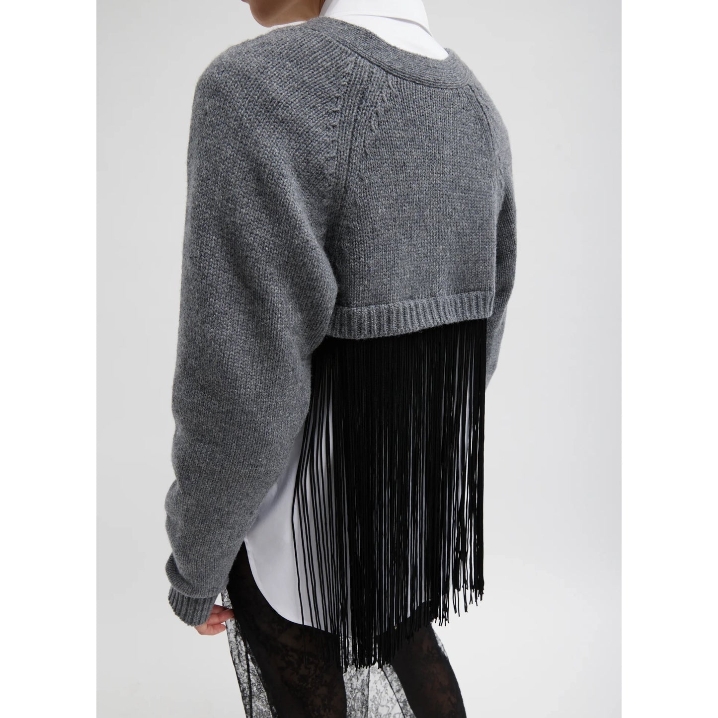 Tibi Soft Sweater Fringed Half Cardigan in Grey/Black, size S/M